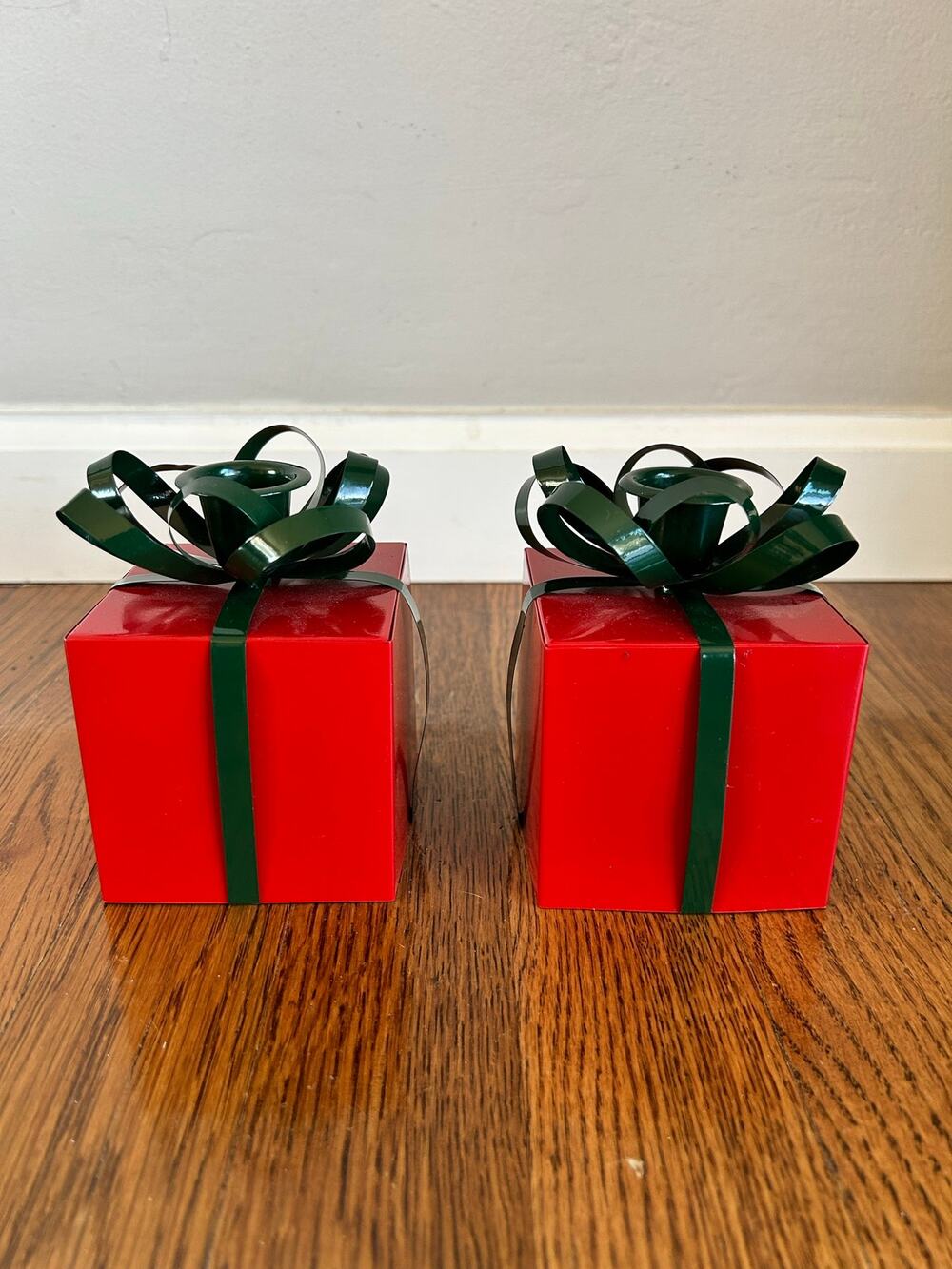 Vintage Metal Present Box Taper Candle Holders, Set of 2